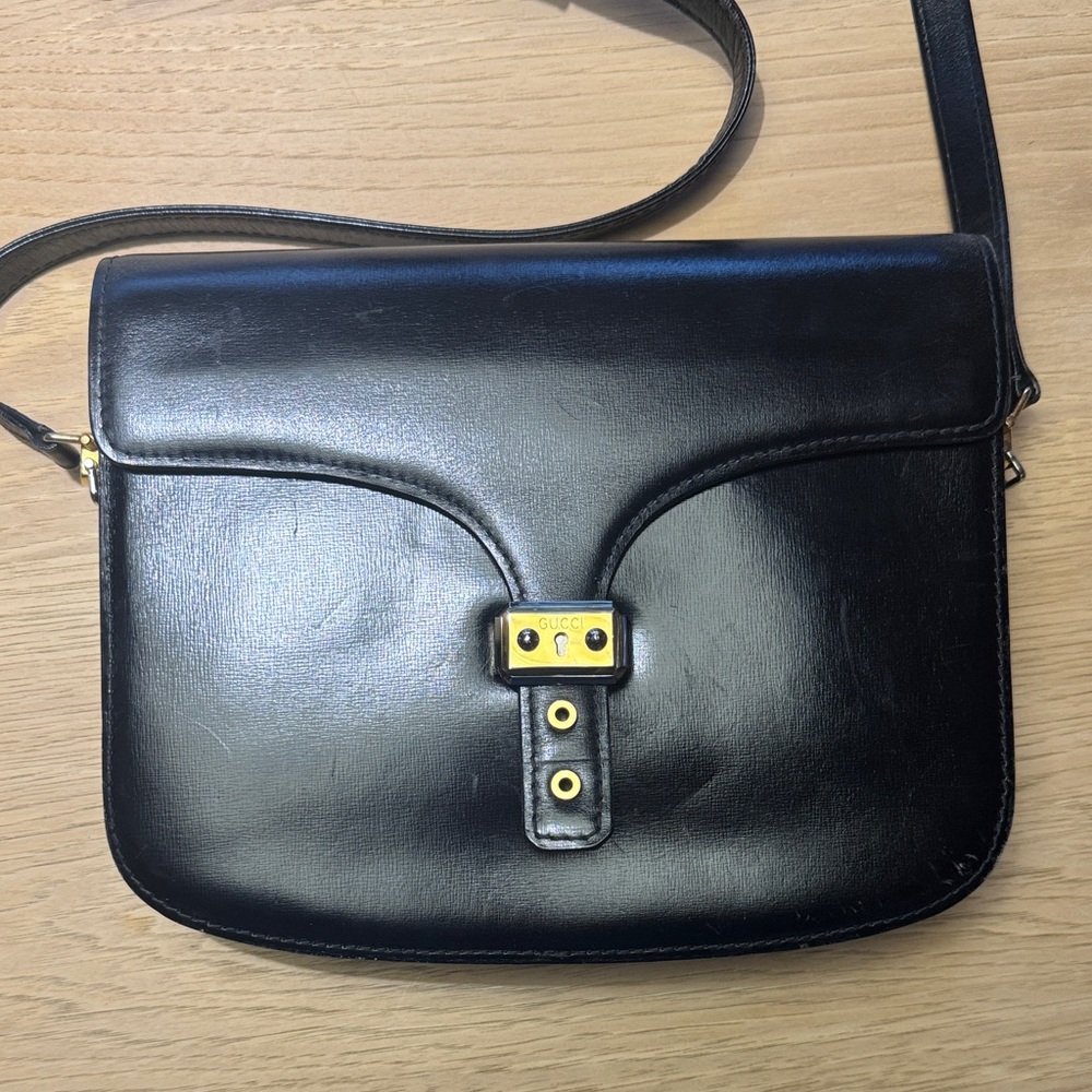Gucci Black Leather Shoulder Bag with Gold Clasp - Authentic